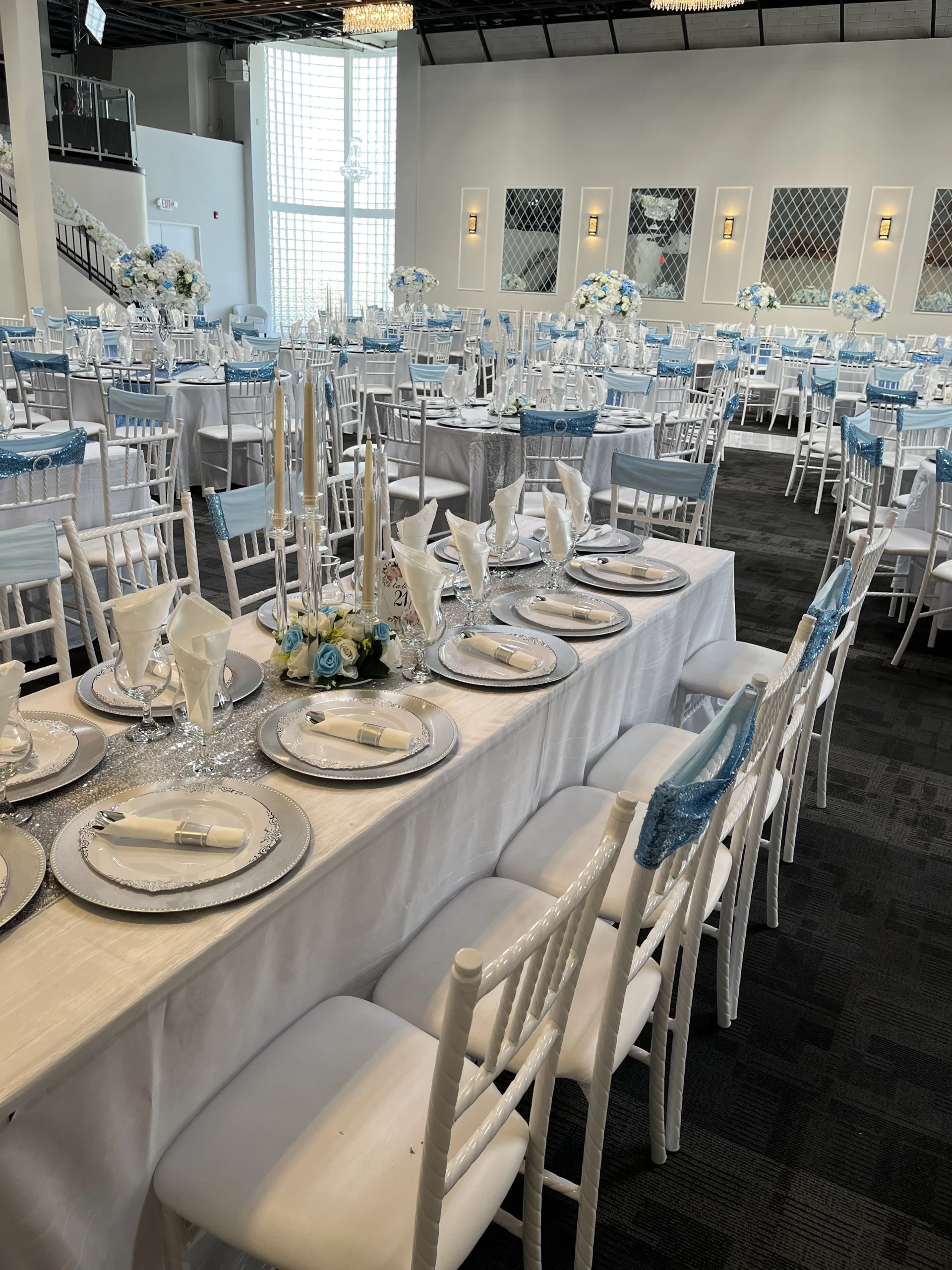 Banquet hall set for a wedding reception