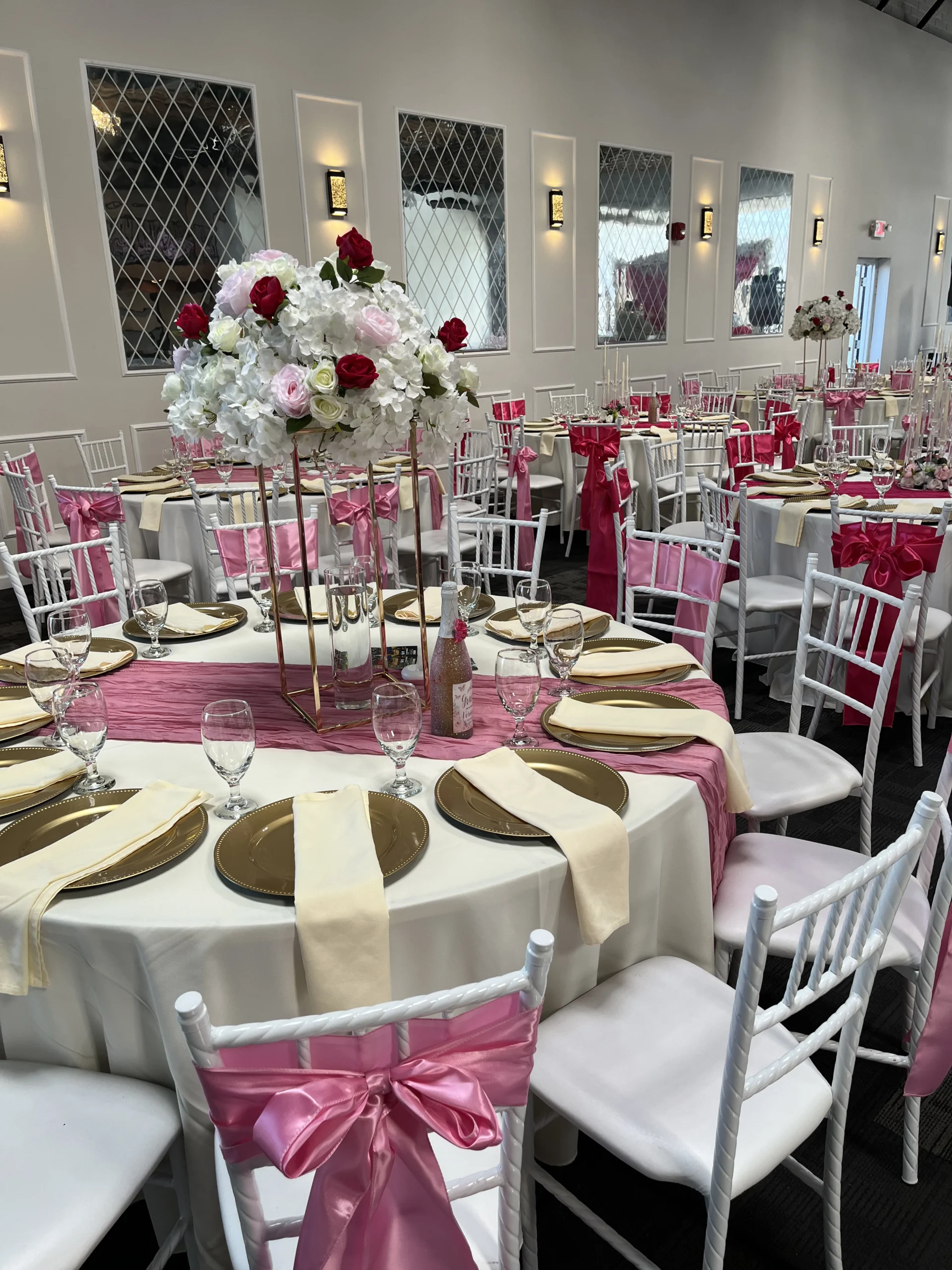 Reception table decor with floral centerpieces